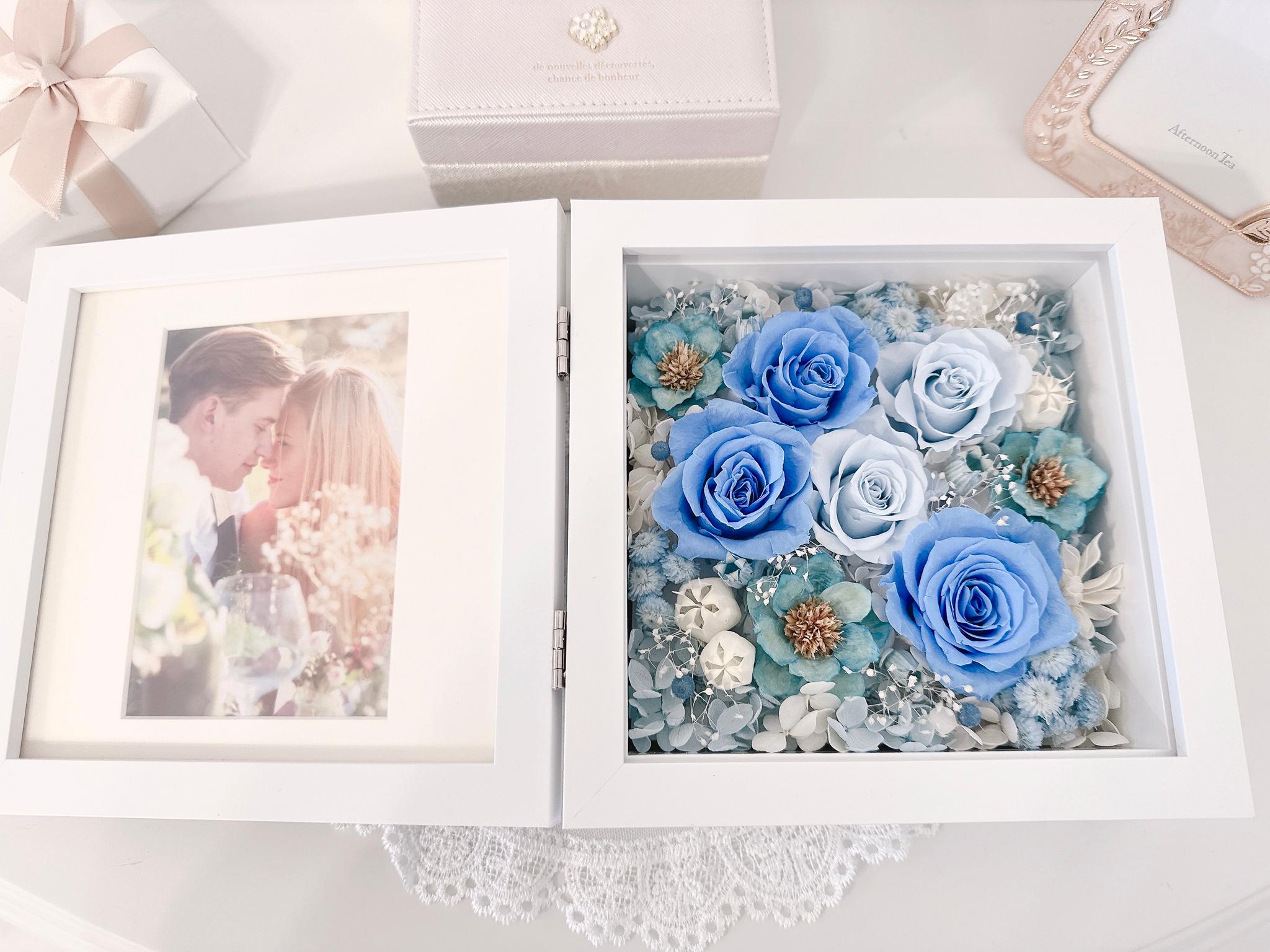 【出産祝い・男の子】フォトフレーム BOXアレンジ 写真立て バラ ブルー 青 結婚祝 誕生祝 記念日 ベビーギフト | 9枚目